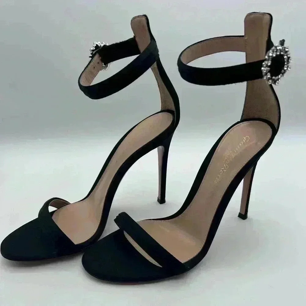 GIANVITO ROSSI Ava Crystal Embellished Satin Sandals Heels Black Size 37 - Picture 6 of 14